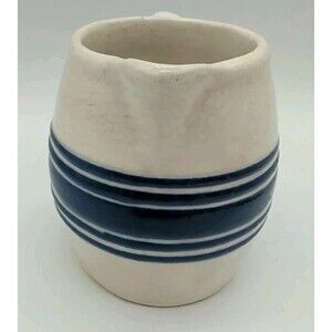 Vintage Stoneware Pottery small Pitcher Blue Stripe unmarked handmade antique
